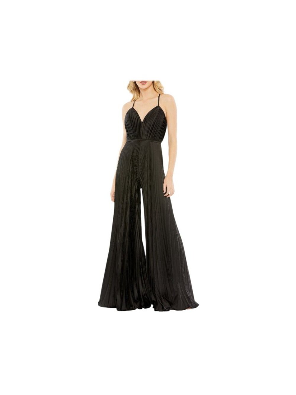 Ieena Mac Duggal Black Pleated Satin Wide Leg Jumpsuit Size 2 - New with Tags
